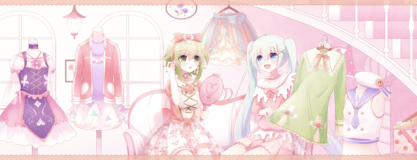 2girls :d :o bangs blue_neckwear bow bowtie clothes clothes_hanger couch cross-laced_clothes dress floral_print flower green_dress green_eyes green_hair gumi hair_between_eyes hair_bow hair_ornament hairband hand_mirror hat hatsune_miku highres holding_clothes holding_mirror indoors jacket light_blue_hair long_hair long_sleeves looking_at_another mannequin mirror multiple_girls neckerchief open_mouth pink_flower pink_neckwear pink_rose print_dress purple_skirt red_jacket rose sailor_hat sakakidani school_uniform serafuku short_hair_with_long_locks sitting skirt smile stairs twintails very_long_hair vocaloid white_skirt window x_hair_ornament