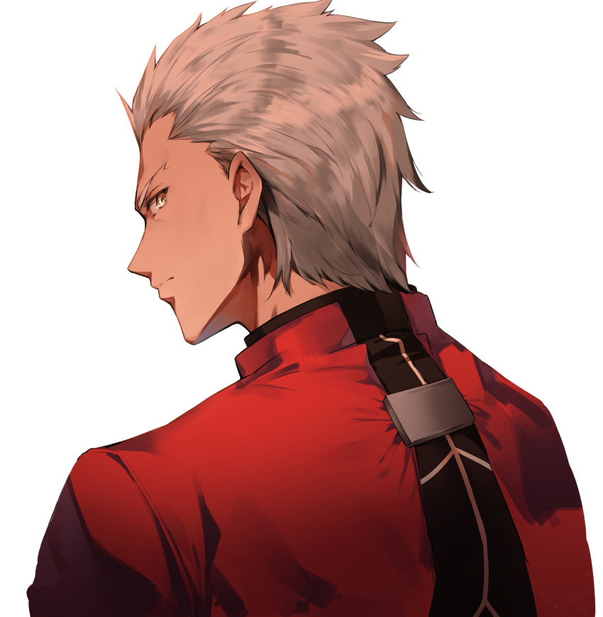 1boy absurdres archer black_shirt brown_eyes coat dark_skin dark_skinned_male expressionless fate/stay_night fate_(series) from_behind hair_slicked_back highres looking_back male_focus nyum red_coat shirt short_hair simple_background solo tsurime upper_body white_background white_hair