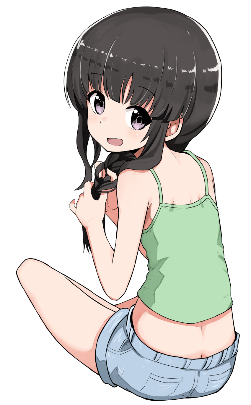 1girl :d absurdres alternate_costume black_hair blush braid butt_crack camisole closed_mouth commentary_request denim denim_shorts eyebrows_visible_through_hair from_behind hair_over_shoulder highres kantai_collection kitakami_(kantai_collection) long_hair looking_at_viewer looking_back okitsugu open_mouth revision short_shorts shorts simple_background single_braid sitting smile solo violet_eyes white_background