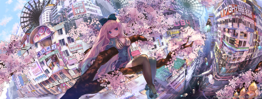 1girl artist_name bangs billboard black_legwear blue_bow blue_dress blue_eyes blue_footwear blue_shirt blue_skirt blue_sky blunt_bangs blush bow breasts building cherry_blossoms cityscape cleavage clouds colorful comiket commentary_request day dress ferris_wheel hair_bow head_tilt jetpack john_hathway large_breasts long_hair looking_at_viewer open_mouth original outdoors pink_hair pleated_skirt scenery shirt shoes shop sign sitting_on_branch skirt sky smile solo_focus spacesuit thigh-highs tree very_long_hair wavy_hair
