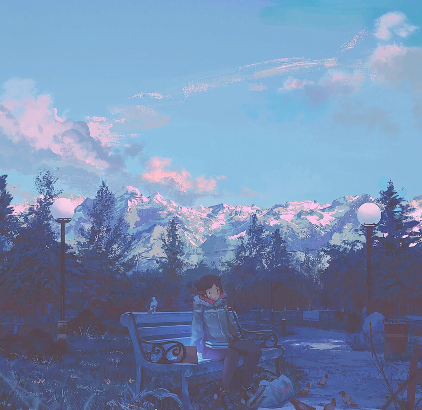 1girl bag bench bird blue_sky blush book clouds cloudy_sky coat computer full_body glowing grass highres klegsart laptop long_sleeves mountain original outdoors power_lines scenery sky solo trash_can tree winter winter_clothes winter_coat