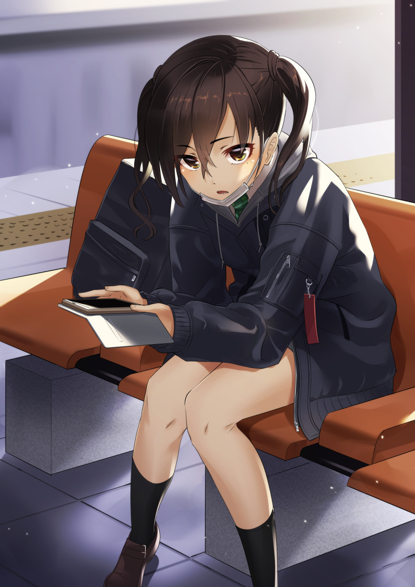 1girl :o bangs black_jacket black_legwear blurry brown_eyes brown_footwear brown_hair cellphone chair commentary_request depth_of_field drawstring eyebrows_visible_through_hair fujimo_ruru green_neckwear hair_between_eyes highres holding holding_phone hood hood_down hooded_jacket idolmaster idolmaster_cinderella_girls jacket kneehighs loafers long_hair long_sleeves looking_at_viewer mask_pull mole mole_under_eye necktie open_mouth outdoors phone sanpaku sharp_teeth shirt shoes sidelocks sitting sleeves_past_wrists smartphone smartphone_case solo sunazuka_akira surgical_mask teeth thighs tile_floor tiles train_station twintails wavy_hair white_shirt zipper_pull_tab