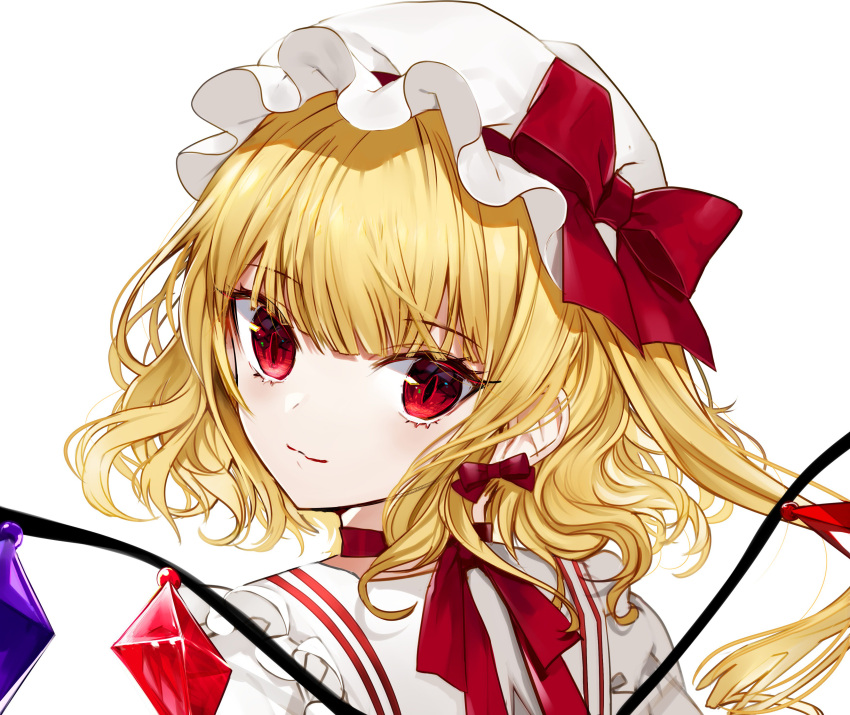 1girl absurdres bangs blonde_hair bow choker commentary_request crystal daimaou_ruaeru eyebrows_visible_through_hair flandre_scarlet frilled_shirt_collar frills from_behind hair_between_eyes hat hat_bow highres long_hair looking_at_viewer looking_back mob_cap one_side_up portrait red_bow red_choker red_eyes red_ribbon ribbon ribbon_choker simple_background smile solo touhou white_background white_hat wings