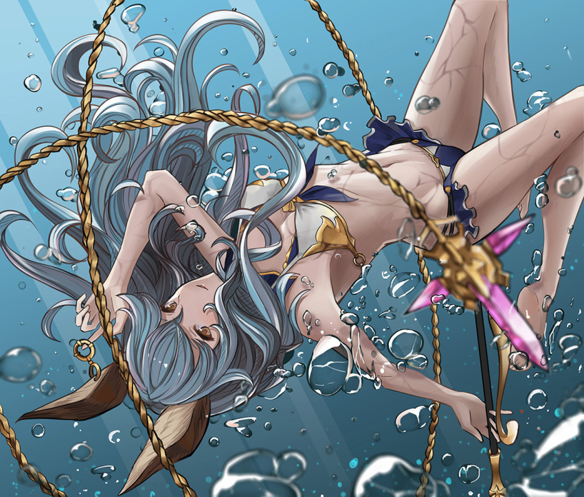 1girl animal_ears armpits artist_request bikini blue_hair breasts earrings ferry_(granblue_fantasy) granblue_fantasy hoop_earrings jewelry long_hair rabbit_ears simple_background single_earring small_breasts solo swimsuit underwater water wavy_hair whip yellow_eyes