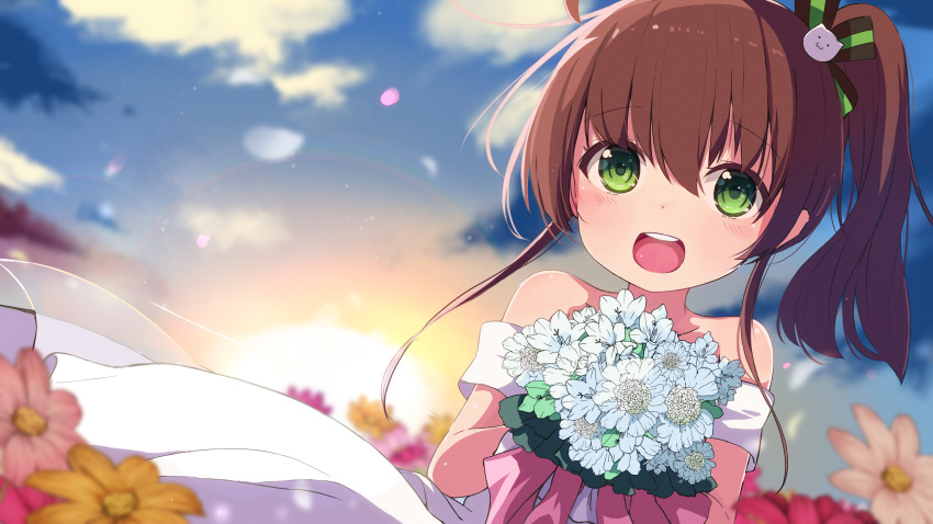 1girl absurdres ahoge blurry blurry_background blurry_foreground blush brown_hair collarbone commentary_request dress field flower flower_field flower_wreath green_eyes hair_ornament highres hololive lens_flare looking_at_viewer natsuiro_matsuri okota_mikan open_mouth petals portrait side_ponytail solo sun virtual_youtuber wedding_dress