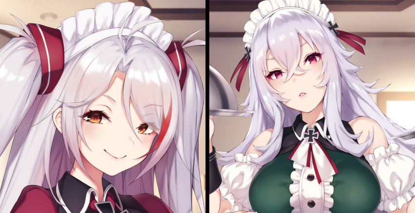 2girls alternate_costume antenna_hair azur_lane bangs bare_shoulders blush breasts brown_eyes closed_mouth commentary_request crossed_bangs detached_sleeves dress eyebrows_visible_through_hair eyes_visible_through_hair graf_zeppelin_(azur_lane) hair_between_eyes head_tilt highres large_breasts long_hair looking_at_viewer maid_headdress multicolored_hair multiple_girls multiple_views official_art parted_lips pokachu prinz_eugen_(azur_lane) red_eyes redhead short_sleeves silver_hair sleeveless sleeveless_dress smile streaked_hair two_side_up