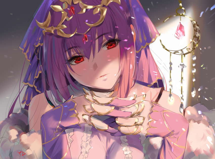 1girl bangs bare_shoulders breasts commentary dress eyebrows_visible_through_hair fate/grand_order fate_(series) forehead_jewel gem hair_between_eyes hair_ribbon hands_together highres light_particles lighting long_hair looking_at_viewer parted_lips purple_dress purple_hair purple_ribbon red_eyes ribbon scathach_(fate)_(all) scathach_skadi_(fate/grand_order) solo tiara yang-do