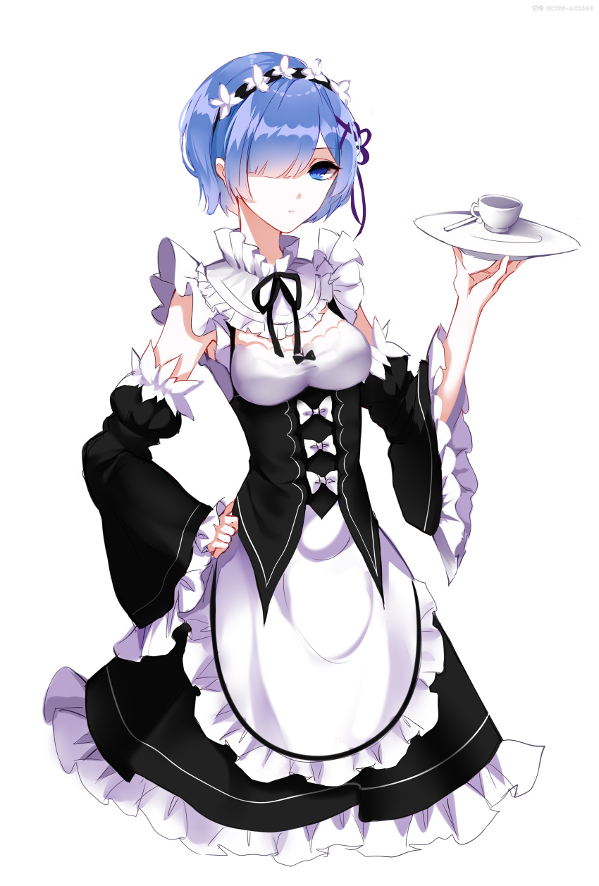 1girl absurdres apron bad_id bad_pixiv_id bare_shoulders black_bow black_hairband black_neckwear black_ribbon black_skirt blue_eyes blue_hair bow breasts cowboy_shot cup detached_sleeves eyebrows_visible_through_hair frilled_apron frilled_shirt_collar frilled_sleeves frills hair_over_one_eye hair_ribbon hairband hand_on_hip hand_up highres holding holding_plate juliet_sleeves long_sleeves looking_at_viewer maid maid_apron maid_headdress medium_breasts neck_ribbon petticoat plate puffy_sleeves purple_ribbon re:zero_kara_hajimeru_isekai_seikatsu rem_(re:zero) ribbon sheya short_hair simple_background skirt skirt_set solo standing teacup waist_apron white_apron white_background white_bow wide_sleeves