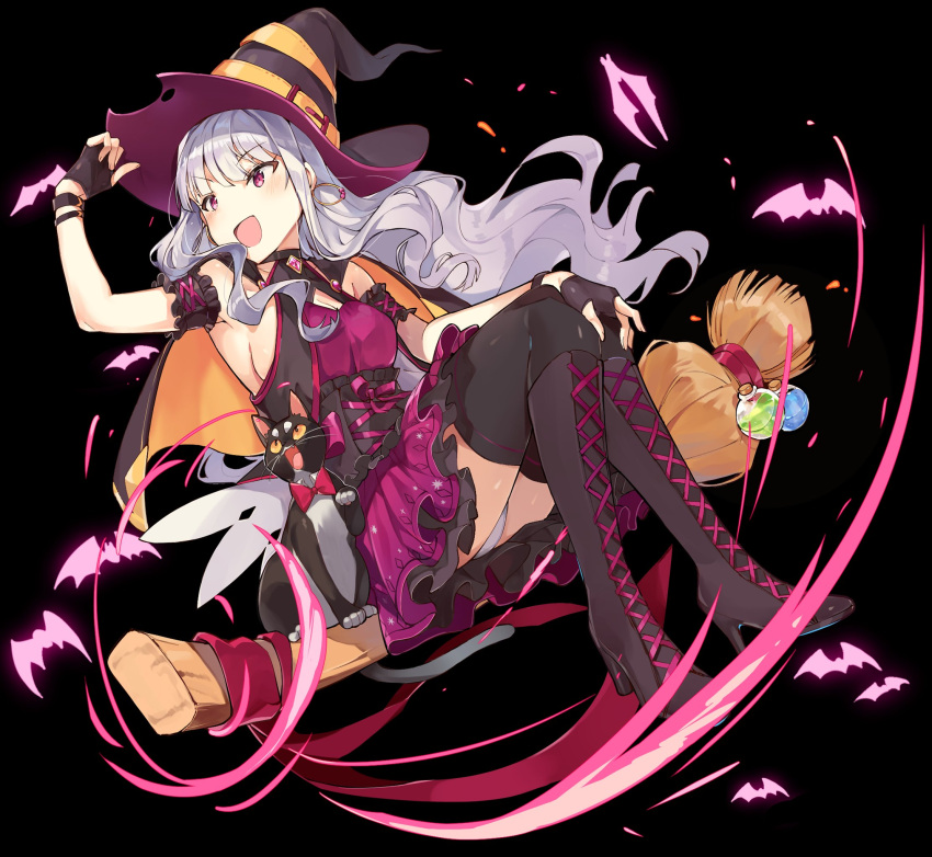 armband armpits bangs bat black_cat black_legwear blunt_bangs blush boots breasts broom cat cleavage cleavage_cutout commentary corset dress hat high_heel_boots high_heels highres idolmaster idolmaster_(classic) looking_to_the_side miniskirt open_mouth panties potion purple_dress red_neckwear shijou_takane sideboob silver_hair skirt sleeveless solo thigh-highs thighs tuxedo_de_cat underwear violet_eyes wavy_hair white_panties witch witch_hat zettai_ryouiki