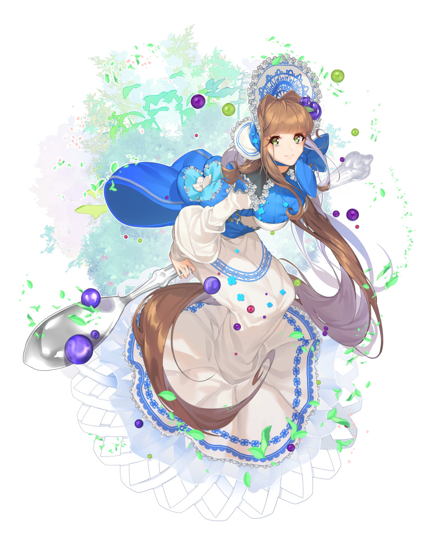 1girl absurdres blue_bow blue_dress blueberry_hair_ornament bonnet bow breasts brown_hair dress food_fantasy food_themed_hair_ornament full_body green_eyes hair_ornament highres huge_filesize large_breasts leaf long_hair looking_at_viewer simple_background sitting solo spoon tiramisu_(food_fantasy) very_long_hair white_background white_dress yamijam