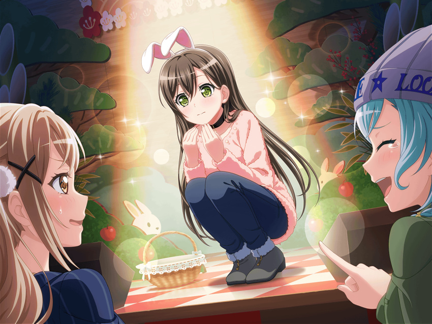 3girls bang_dream! beanie blonde_hair blue_hair blush brown_hair closed_eyes gold_eyes green_eyes hanazono_tae hat hikawa_hina ichigaya_arisa jacket laughing long_hair official_art smile