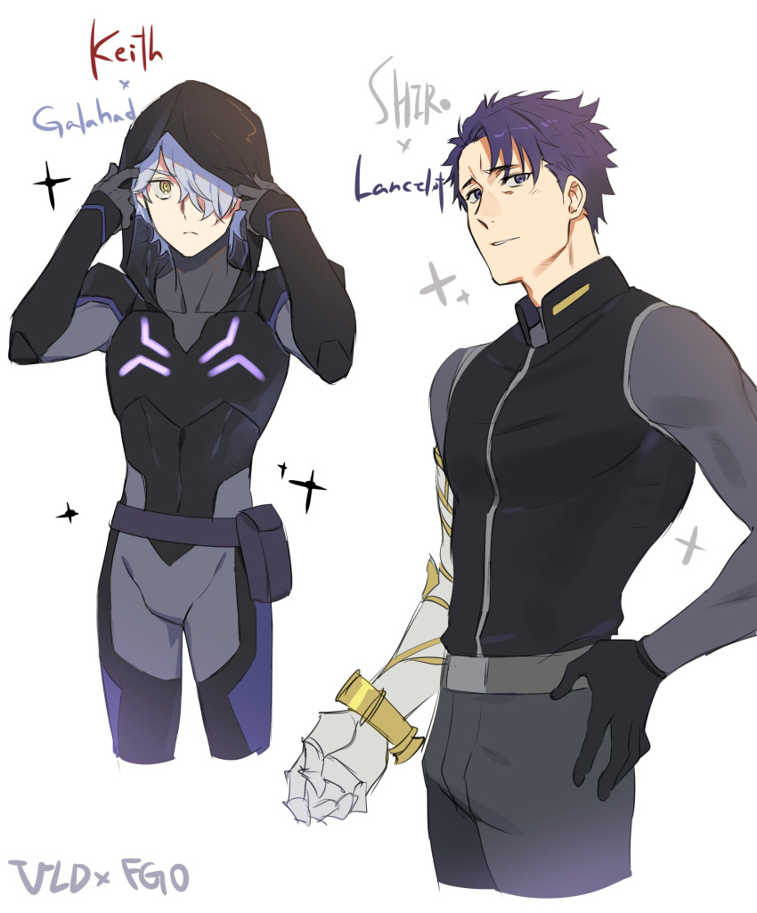 2boys absurdres amputee bodysuit character_name closed_mouth cosplay fate/grand_order fate_(series) father_and_son galahad_(fate) grand_dobu highres hood keith_(voltron) keith_(voltron)_(cosplay) lancelot_(fate/grand_order) lavender_hair multiple_boys prosthesis prosthetic_arm purple_hair simple_background sparkle takashi_shirogane takashi_shirogane_(cosplay) voltron:_legendary_defender white_background yellow_eyes
