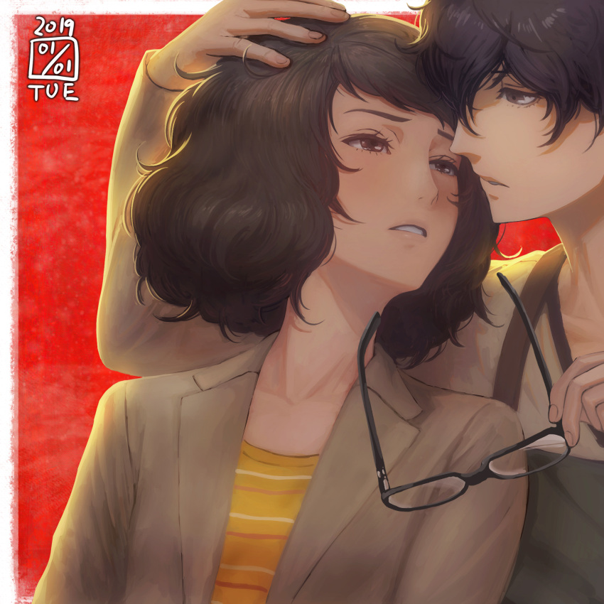 1boy 1girl age_difference amamiya_ren black_hair blazer blush couple eyelashes eyewear_removed face-to-face glasses half-closed_eyes hand_on_another's_head highres ikeda_(cpt) imminent_kiss jacket kawakami_sadayo leaning_on_person long_sleeves looking_at_another nose parted_lips persona persona_5 shirt short_hair striped striped_shirt teacher_and_student upper_body wavy_hair yellow_shirt