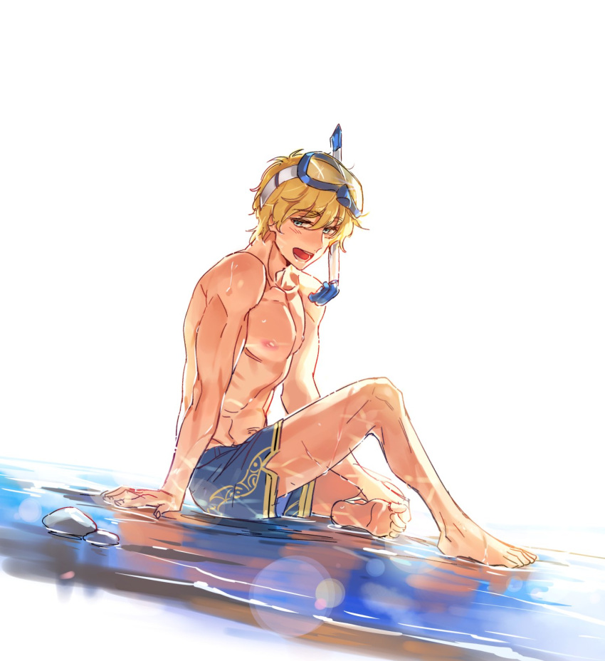 1boy arm_support bare_chest barefoot blonde_hair bloom blue_eyes chest dutch_angle fate/grand_order fate_(series) gawain_(fate/extra) grand_dobu highres looking_at_viewer male_focus male_swimwear muscle nipples open_mouth shirtless simple_background smile snorkel solo swim_trunks swimwear water wet white_background