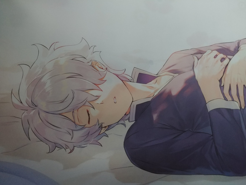 1boy closed_eyes collared_shirt ears fate/grand_order fate_(series) galahad_(fate) grand_dobu hair_over_one_eye hands_on_own_stomach highres lavender_hair lying male_focus on_back parted_lips shade shirt simple_background sleeping solo under_covers upper_body