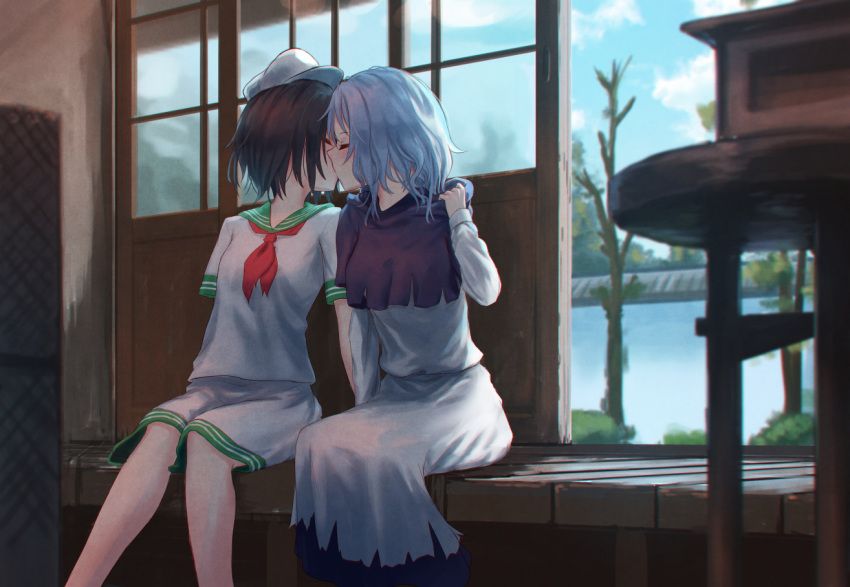 2girls arm_support bare_tree black_hair blue_capelet blue_hair blue_sky blush breasts capelet closed_eyes clouds commentary_request day dress feet_out_of_frame green_sailor_collar hand_up hat hood hood_down hooded_capelet indoors kiss kumoi_ichirin long_sleeves multiple_girls murasa_minamitsu neckerchief profile red_neckwear roke_(taikodon) sailor_collar sailor_hat sailor_shirt shirt short_hair short_sleeves shorts sitting sky sliding_doors small_breasts touhou tree white_dress white_hat white_shirt white_shorts yuri