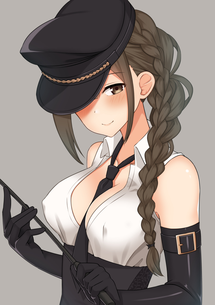 1girl bare_shoulders between_breasts black_gloves black_hat black_neckwear blush braid breasts brown_eyes brown_hair cleavage closed_mouth collarbone collared_shirt commentary elbow_gloves erect_nipples gloves grey_background hair_over_shoulder hat hat_over_one_eye highres holding idolmaster idolmaster_shiny_colors kurisu-kun kuwayama_chiyuki long_hair looking_at_viewer medium_breasts necktie no_bra peaked_cap riding_crop shirt sidelocks simple_background single_braid sleeveless sleeveless_shirt smile solo underbust upper_body white_shirt