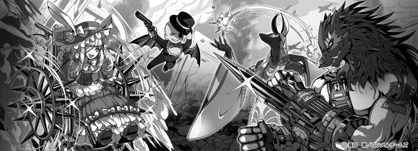 1girl 3boys :d aircraft airplane animal_ears bat_wings black_hat black_jacket_rpg clouds dog_ears dress drill_hair eyepatch fangs flight frills gauntlets gothic_lolita greyscale gun hat holding holding_gun holding_weapon lolita_fashion long_hair looking_at_viewer magic monochrome monster_boy moreshan multiple_boys muscle official_art open_mouth outdoors rabbit_ears sitting smile smoke spikes standing tattoo teeth weapon wheelchair wide_sleeves wings wrist_blades
