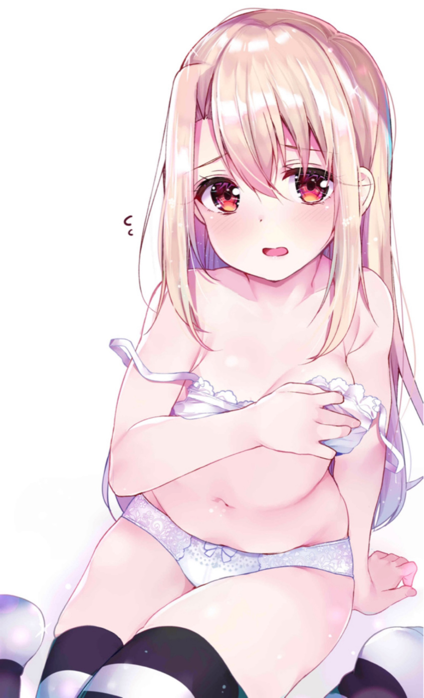 1girl absurdres arm_support bangs bare_arms bare_shoulders blonde_hair blush bow bow_panties bra breasts collarbone commentary_request fate/kaleid_liner_prisma_illya fate_(series) flying_sweatdrops hair_between_eyes highres illyasviel_von_einzbern lace lace-trimmed_bra long_hair looking_at_viewer navel open_mouth panties red_eyes rouka_(akatyann) sidelocks sitting small_breasts solo stomach strap_slip striped striped_legwear thigh-highs underwear underwear_only wariza white_background white_bra white_panties