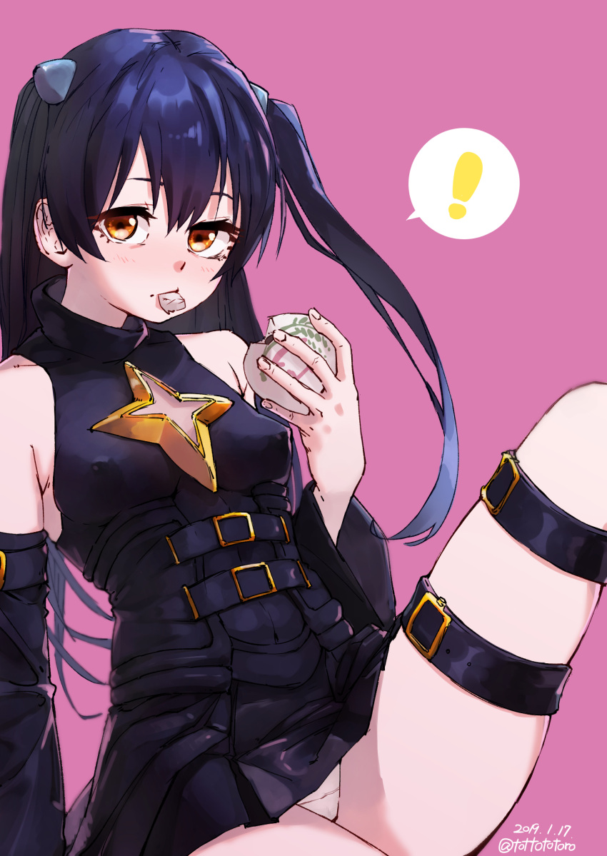 ! 1girl bangs bare_shoulders blue_hair blush commentary_request cosplay covered_nipples detached_sleeves eating food_in_mouth ghode_(basashi) hair_between_eyes highres konjiki_no_yami konjiki_no_yami_(cosplay) long_hair looking_at_viewer love_live! love_live!_school_idol_festival love_live!_school_idol_project panties simple_background solo sonoda_umi thigh_strap to_love-ru two_side_up underwear white_panties yellow_eyes