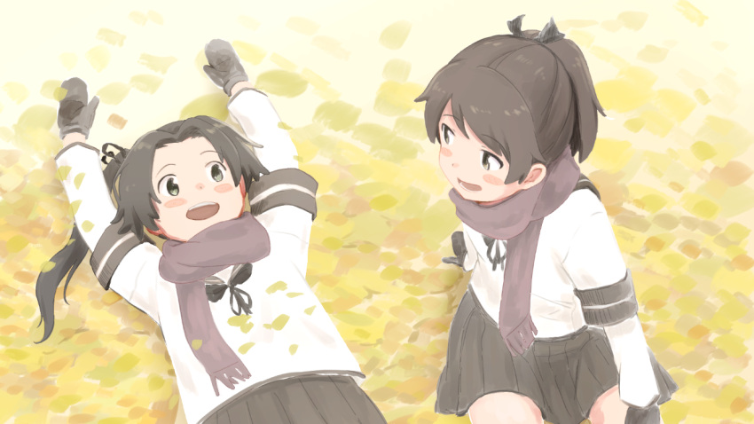 2girls arms_up ayanami_(kantai_collection) bangs blush bow brown_hair brown_neckwear brown_skirt commentary eyebrows_visible_through_hair gloves green_eyes hair_bow hair_tie kantai_collection leaf long_hair long_sleeves lying multiple_girls on_back open_mouth outdoors red_scarf ribbon sailor_collar scarf school_uniform serafuku shikinami_(kantai_collection) short_hair sitting skirt smile wachi_(hati1186) yellow_eyes