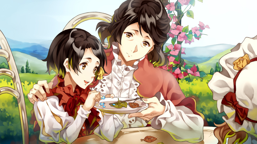 2girls anne_magnolia bangs black_hair blue_sky brown_eyes chair cheese_kang closed_mouth commentary_request dress flower frills highres hill holding holding_plate horizon leaf long_sleeves multiple_girls open_mouth outdoors plate red_dress shirt sitting sky table violet_evergarden white_shirt