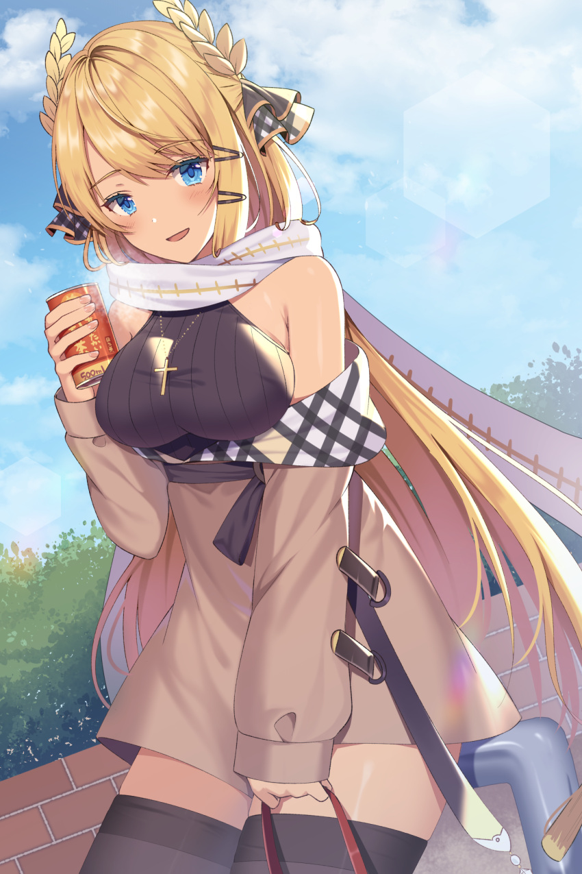 1girl :d alternate_costume azur_lane bag bangs bare_shoulders black_legwear black_sweater blonde_hair blue_eyes blue_sky blush breasts breathing brown_coat can clouds coat coat_dress commentary_request cross cross_necklace day eyebrows_visible_through_hair hair_ornament hair_ribbon hairclip highres holding holding_bag holding_can izumo_neru jewelry large_breasts laurel_crown long_hair looking_at_viewer necklace off_shoulder open_mouth outdoors ribbed_sweater ribbon scarf sidelocks sky smile solo sweater sweater_vest thigh-highs very_long_hair victorious_(azur_lane)