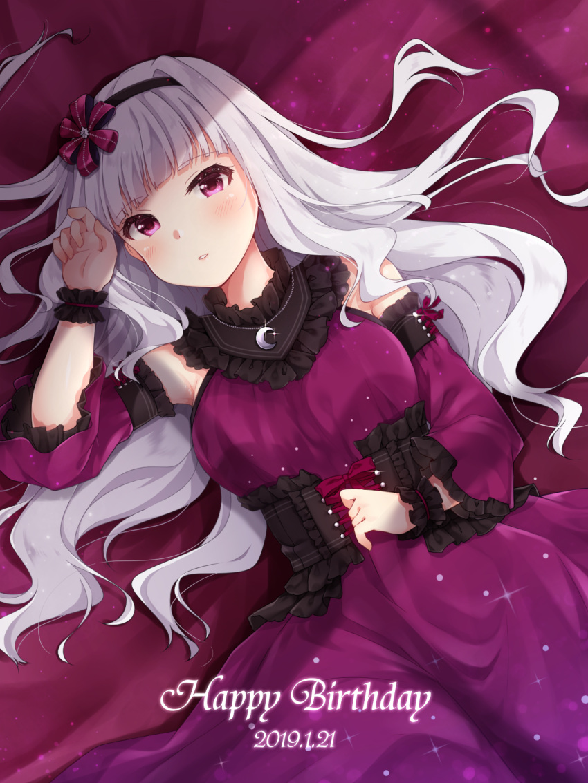 1girl armpits bed_sheet blush breasts commentary corset detached_sleeves dress hairband happy_birthday headband highres idolmaster large_breasts long_hair looking_at_viewer lying nekonomimi on_back parted_lips purple_dress shijou_takane silver_hair solo violet_eyes wavy_hair