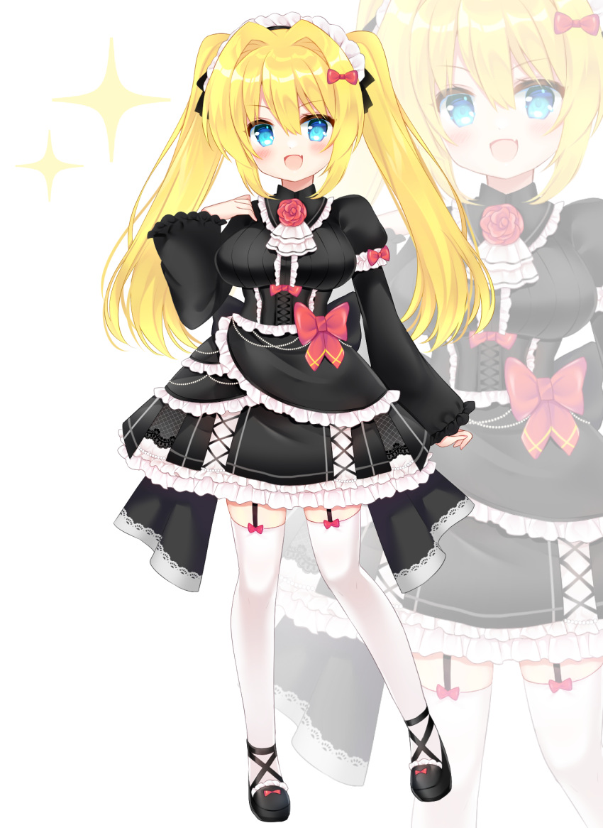 1girl :d black_dress black_footwear blonde_hair bow breasts commission dress flower frilled_dress frills garter_straps hair_between_eyes hair_bow hair_intakes highres juliet_sleeves large_breasts long_hair long_sleeves looking_at_viewer maid_headdress original puffy_sleeves red_bow red_flower red_rose rose shikito shoes sidelocks simple_background skeb_commission smile solo sparkle thigh-highs twintails v-shaped_eyebrows very_long_hair white_background white_thighhighs zoom_layer