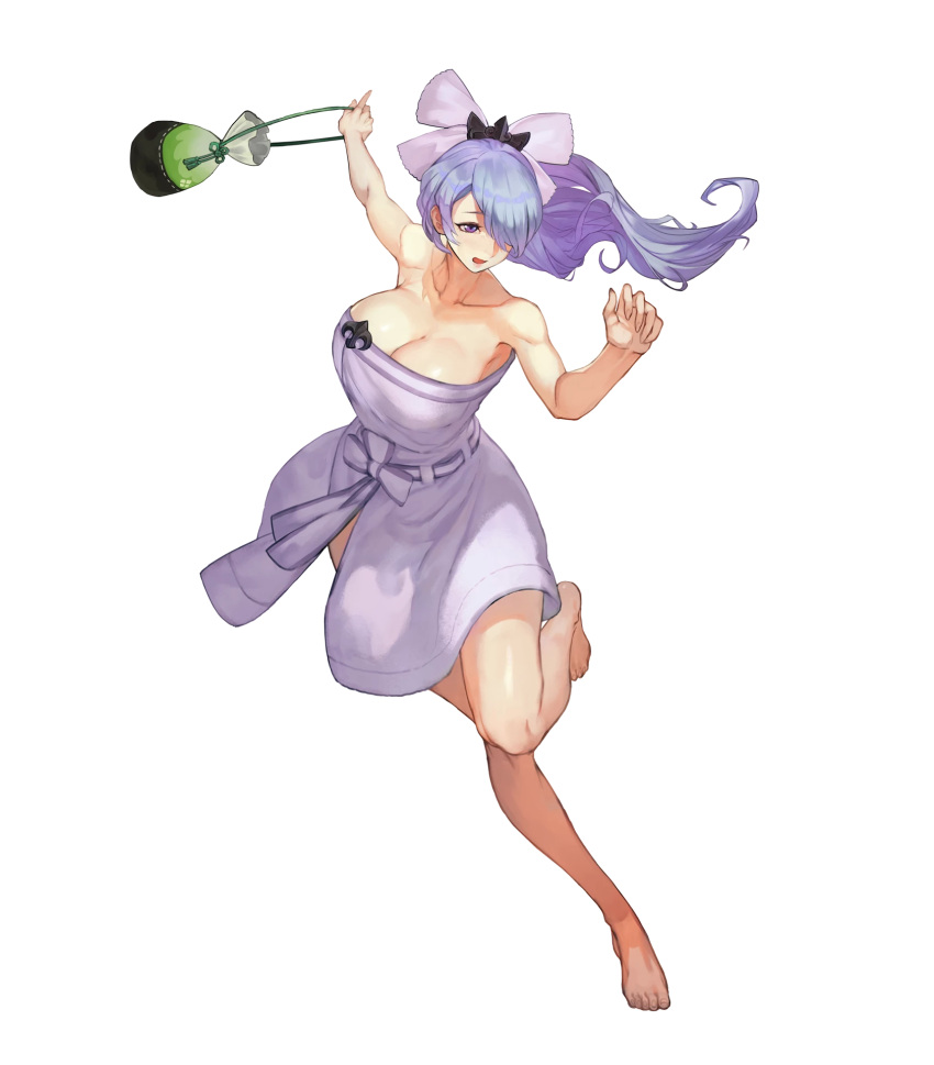 1girl bag bangs bare_arms bare_shoulders barefoot breasts camilla_(fire_emblem_if) cleavage collarbone dress feet fire_emblem fire_emblem_heroes fire_emblem_if full_body hair_ornament hair_over_one_eye highres holding large_breasts leg_up long_hair nintendo official_art open_mouth ponytail purple_hair shiny shiny_skin solo strapless strapless_dress toenails toes transparent_background violet_eyes