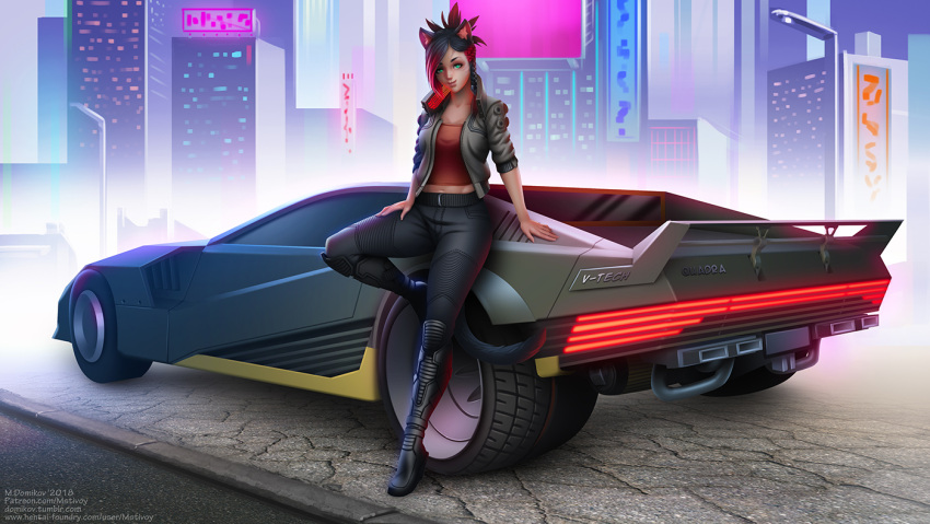 1girl animal_ears black_hair braid car cat_ears cat_tail city commission cropped_jacket crossover cyberpunk_2077 facial_mark final_fantasy final_fantasy_xiv green_eyes ground_vehicle high_collar jacket leaning_back lips looking_at_viewer marie_makise maxim_domikov midriff miqo'te motor_vehicle multicolored_hair navel open_clothes open_jacket pants patreon_username short_hair short_sleeves smile solo tail tank_top tight tight_pants two-tone_hair watermark web_address whisker_markings