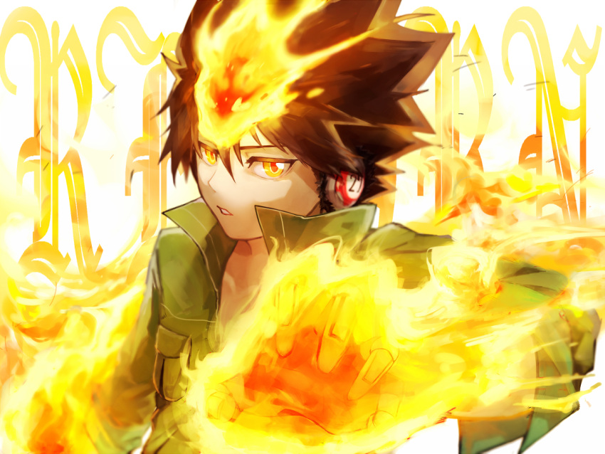 1boy brown_hair collarbone commentary_request fire from_side gloves green_jacket headphones jacket katekyo_hitman_reborn looking_at_viewer magic male_focus mowar25 open_clothes open_jacket sawada_tsunayoshi short_hair short_sleeves solo spiky_hair teeth title upper_body yellow_eyes