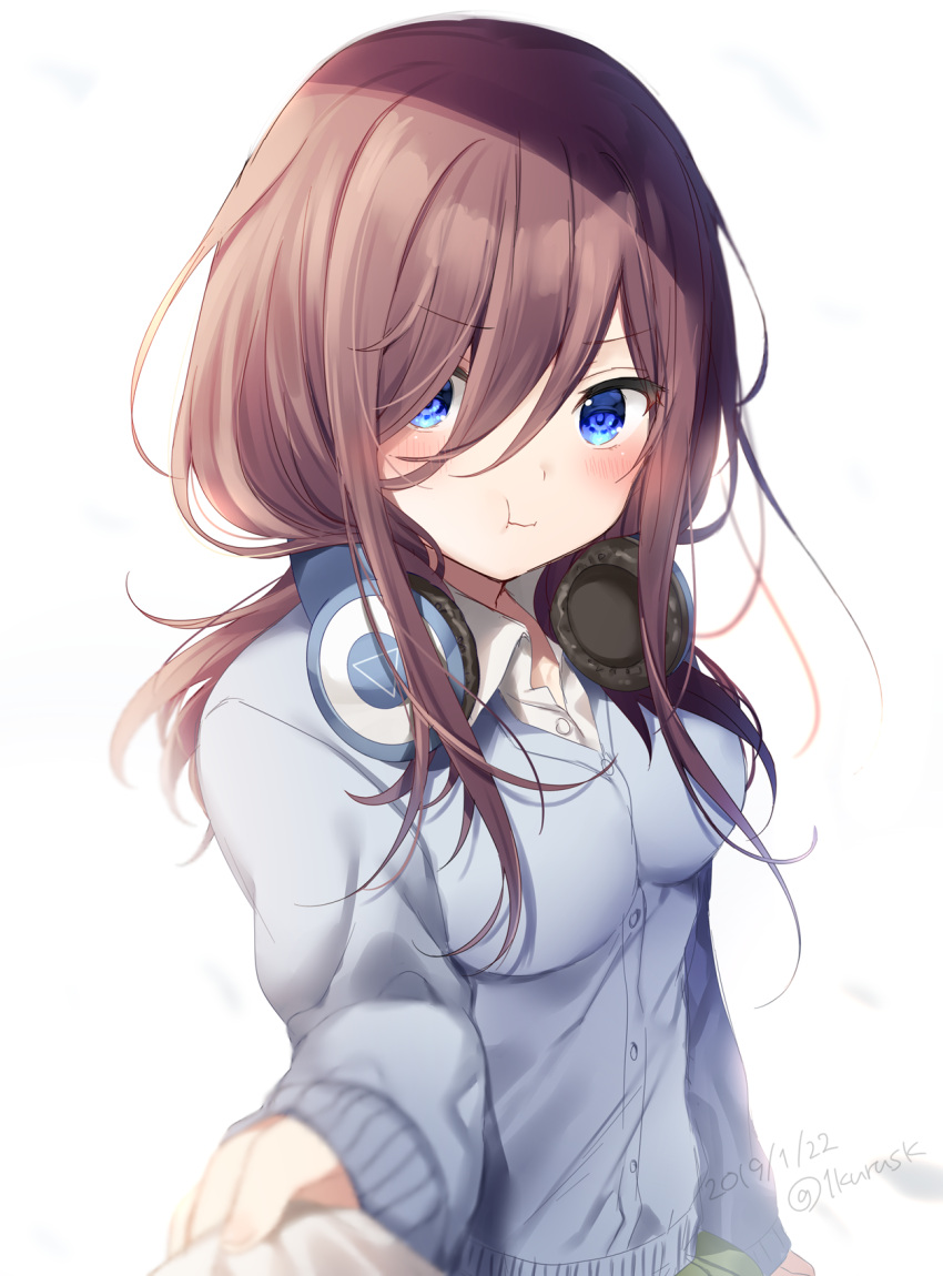 1girl :t bangs blue_cardigan blue_eyes blush breasts closed_mouth clothes_tug collared_shirt commentary eyebrows_visible_through_hair go-toubun_no_hanayome green_skirt hair_between_eyes headphones headphones_around_neck highres large_breasts long_hair long_sleeves looking_at_viewer mafuyu_(chibi21) medium_breasts nakano_miku pout pov shirt skirt solo white_shirt