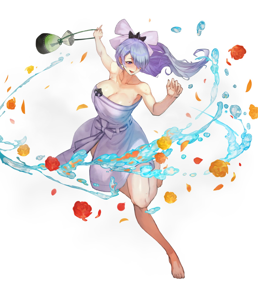 1girl bag bangs bare_arms bare_shoulders barefoot blush breasts camilla_(fire_emblem_if) cleavage collarbone dress feet fire_emblem fire_emblem_heroes fire_emblem_if flower full_body hair_ornament hair_over_one_eye highres holding large_breasts leg_up long_hair nintendo official_art open_mouth petals ponytail purple_hair rose shiny shiny_skin smile solo strapless strapless_dress toenails toes transparent_background violet_eyes water water_drop