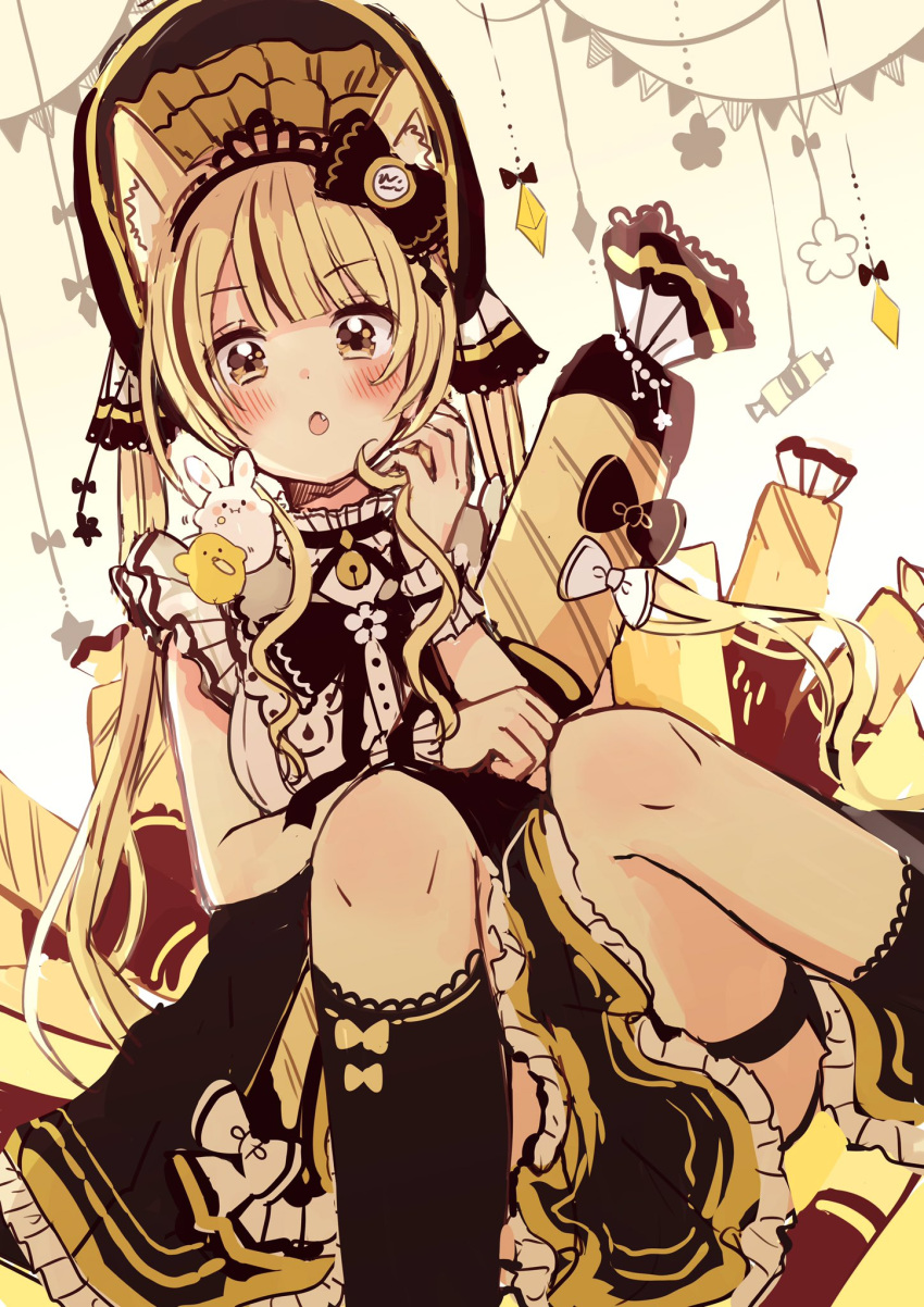 1girl :o animal animal_ear_fluff animal_ears animal_on_shoulder bare_shoulders bird bird_on_shoulder black_bow black_hat black_legwear black_skirt blonde_hair blush bonnet bow bunny_on_shoulder cat_ears commentary_request fang frilled_skirt frills hand_up hat highres kneehighs long_hair looking_at_viewer original parted_lips rabbit sakura_oriko shirt skirt sleeveless sleeveless_shirt solo star twintails very_long_hair white_bow white_shirt wrist_cuffs