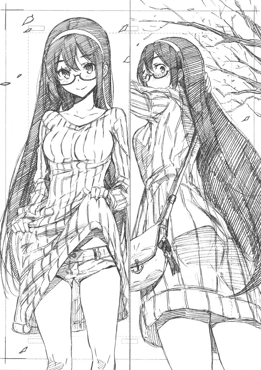 1girl absurdres alternate_costume anchor ass bag clothes_lift cowboy_shot dress dress_lift glasses greyscale hairband handbag highres kantai_collection kojima_takeshi long_hair looking_at_viewer looking_back monochrome multiple_views ooyodo_(kantai_collection) ribbed_sweater semi-rimless_eyewear short_shorts shorts standing sweater sweater_dress sweater_lift tree under-rim_eyewear