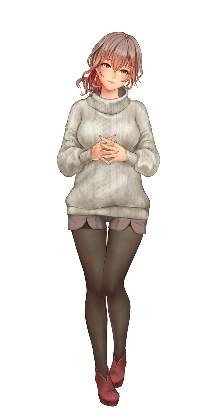 1girl absurdres bangs blush breasts brown_hair closed_mouth eyebrows_visible_through_hair full_body grey_sweater hair_between_eyes hair_ribbon highres long_hair long_sleeves medium_breasts nail_polish ono_itaru original own_hands_together pantyhose pink_nails ponytail purple_shorts red_footwear red_ribbon ribbed_sweater ribbon shoes shorts simple_background smile solo standing sweater thigh_gap thighband_pantyhose white_background