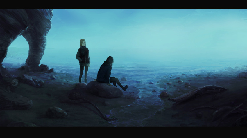 2girls beach commentary_request facing_away fog hand_in_pocket highres jacket letterboxed looking_at_viewer multiple_girls ocean original outdoors rock ryono_mizuki sand scenery sitting sky standing stream water wide_shot