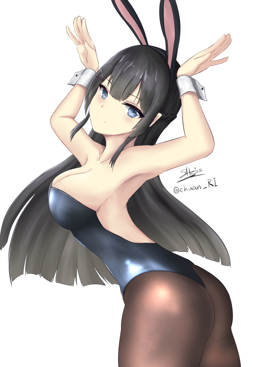 1girl absurdres animal_ears armpits ass backless_outfit black_hair blue_eyes blush breasts bunny_pose bunnysuit cleavage cowboy_shot from_side highres ichikawayan large_breasts long_hair nijisanji pantyhose rabbit_ears smile solo thighs tsukino_mito twitter_username virtual_youtuber white_background wrist_cuffs