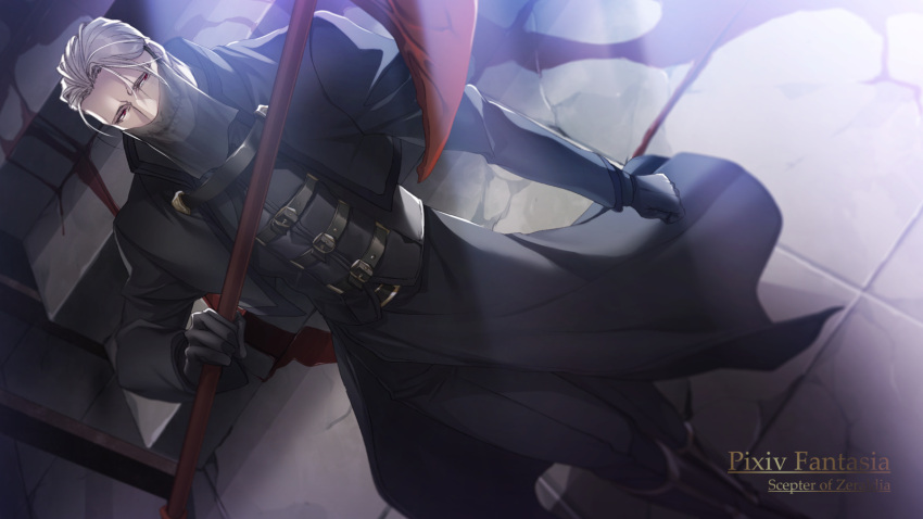 1boy belt black_footwear black_gloves black_jacket blood boots clenched_hand copyright_name dutch_angle facing_viewer gloves highres holding holding_scythe jacket killingrock male_focus oi_(pfsoz) pixiv_fantasia pixiv_fantasia_scepter_of_zeraldia red_eyes scythe solo stairs stitched_mouth stitches veil white_hair