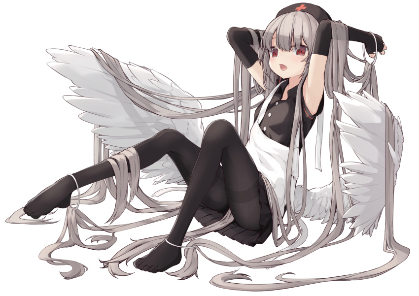 1girl :o absurdly_long_hair angel_wings armpits arms_up ass bangs black_gloves black_hat black_legwear black_shirt black_skirt collared_shirt commentary elbow_gloves eyebrows_visible_through_hair feathered_wings feet fingerless_gloves full_body gloves grey_hair hair_tie hat highres holding holding_hair knees_up long_hair looking_at_viewer miniskirt no_shoes nurse_cap open_mouth original panties pantyhose paryi plantar_flexion pleated_skirt red_eyes shirt short_sleeves simple_background sitting skirt solo thighband_pantyhose underwear very_long_hair white_background wings