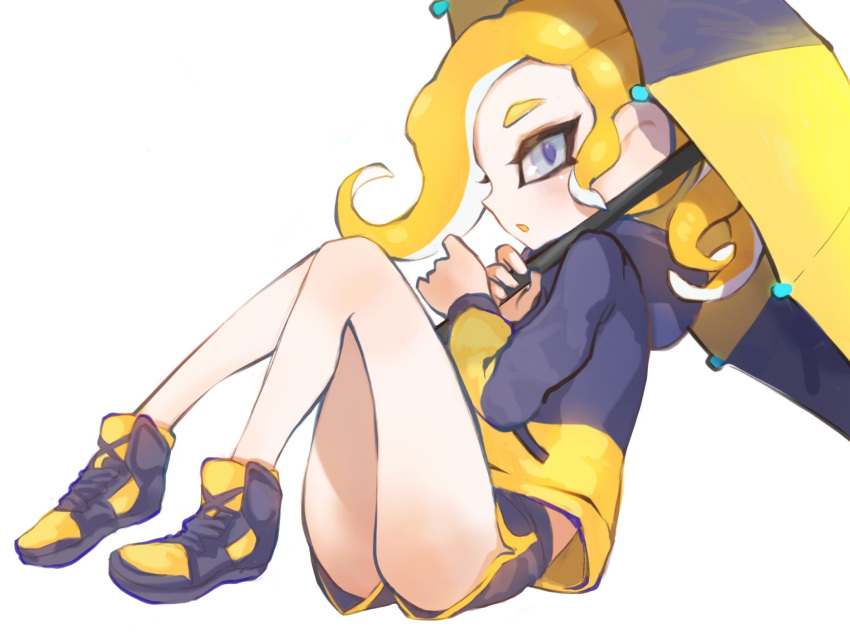 1girl :o black_shorts blonde_hair grey_eyes highres holding holding_umbrella hood hood_down hooded_jacket jacket jtveemo long_hair long_sleeves octarian octoling open_mouth over_shoulder shoes shorts sideways_mouth simple_background sitting solo splat_brella_(splatoon) splatoon splatoon_(series) splatoon_2 suction_cups tentacle_hair track_jacket umbrella white_background