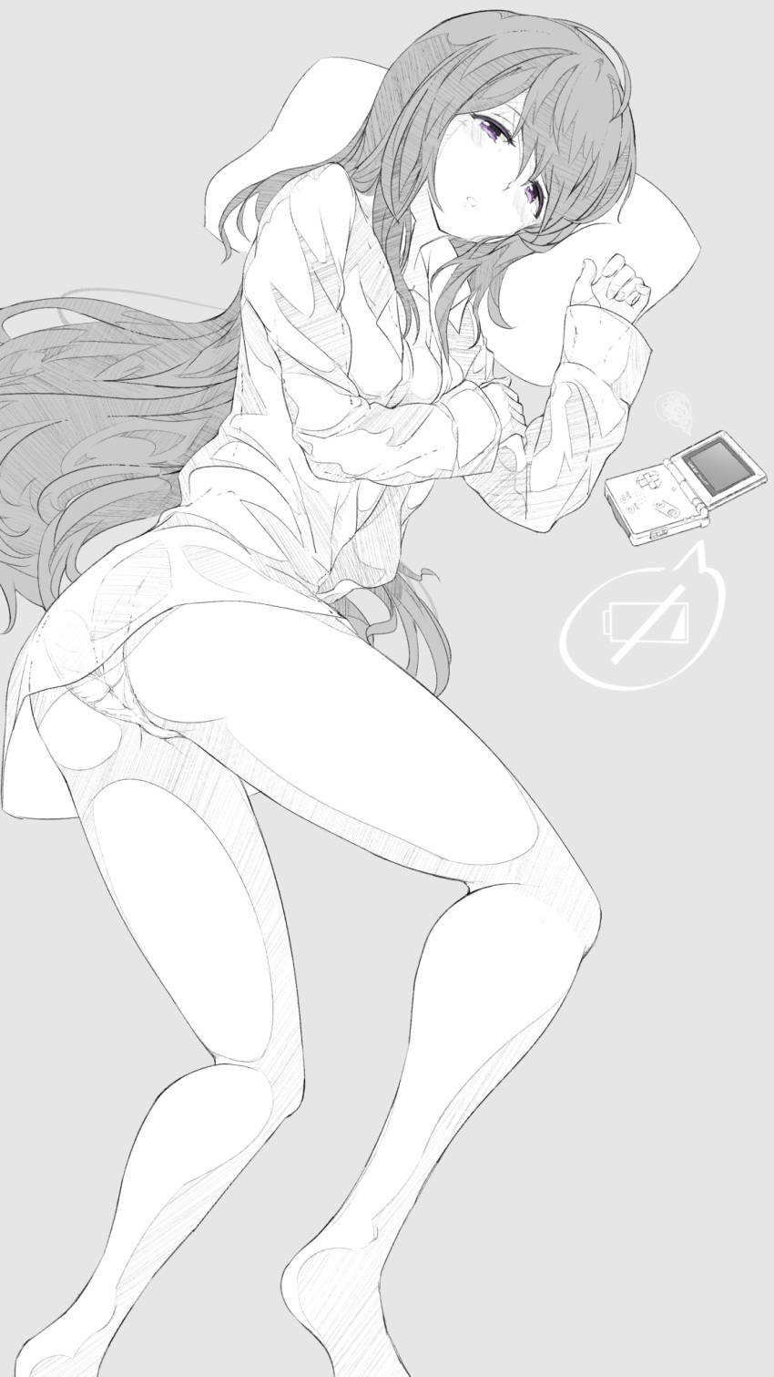 1girl breasts character_request cleavage collarbone daisu dress_shirt game_boy_color grey_background greyscale handheld_game_console highres idolmaster idolmaster_million_live! long_hair looking_at_viewer lying monochrome on_side panties parted_lips pillow shirt simple_background small_breasts solo speech_bubble underwear very_long_hair