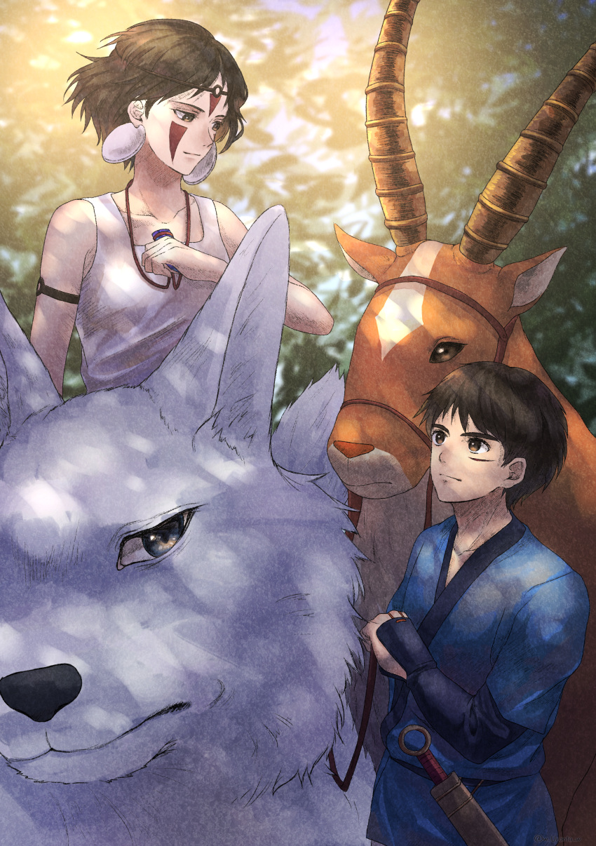 1boy 1girl absurdres arm_strap ashitaka blue_kimono brown_eyes brown_hair collarbone corset eye_contact facial_mark highres japanese_clothes jewelry kimono long_sleeves looking_at_another mononoke_hime necklace outdoors riding san scar shirt short_hair sleeveless sleeveless_shirt w-moz9-w white_shirt wolf yakuru