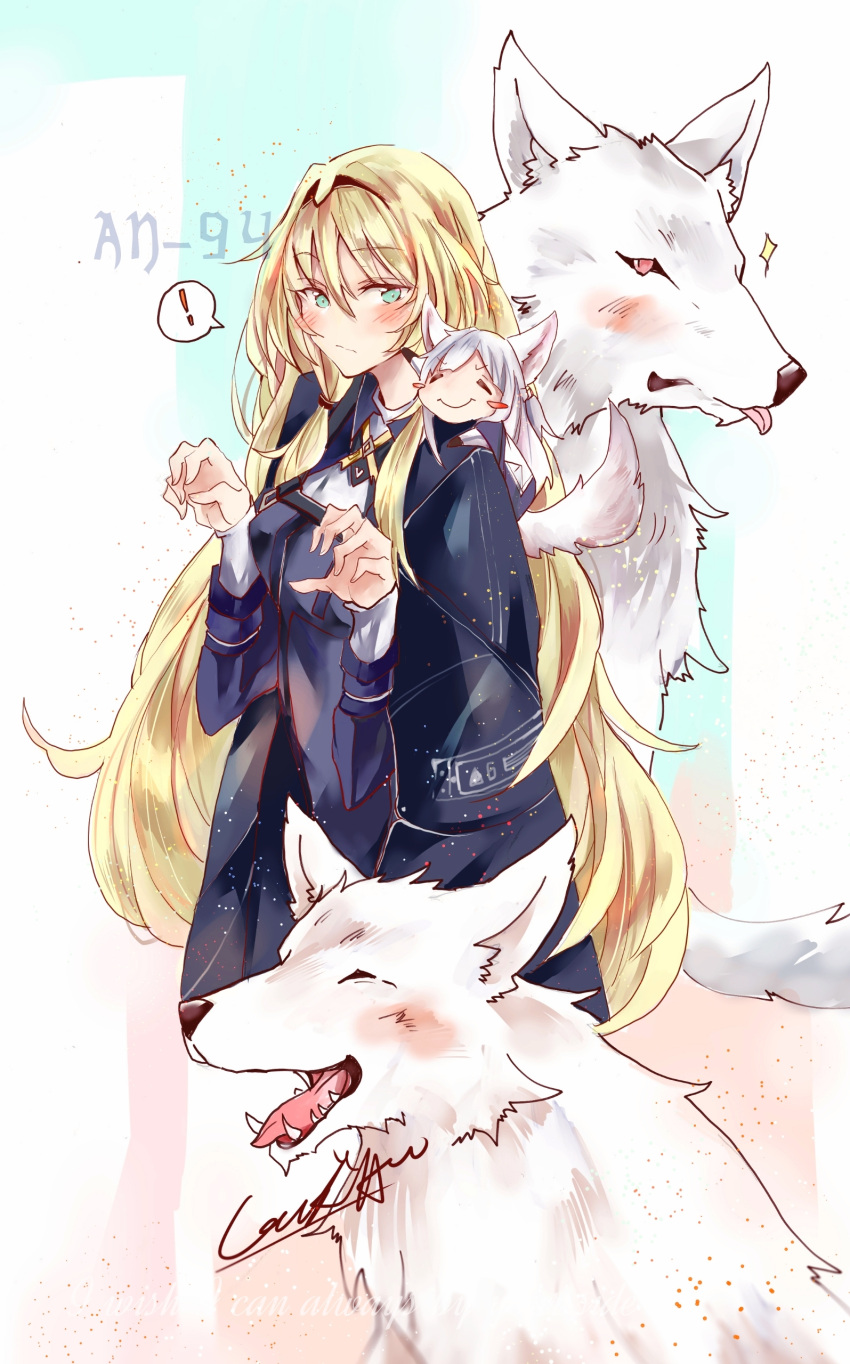 2girls absurdres ak-12_(girls_frontline) an-94_(girls_frontline) animal_ears bangs blonde_hair blue_eyes blush braid cape claw_pose closed_eyes closed_mouth cocoka commentary_request eyebrows_visible_through_hair fangs french_braid girls_frontline gloves hair_between_eyes hair_ornament hairband highres jacket long_hair long_sleeves looking_at_another multiple_girls open_mouth paw_pose sidelocks silver_hair smile tail tongue tongue_out