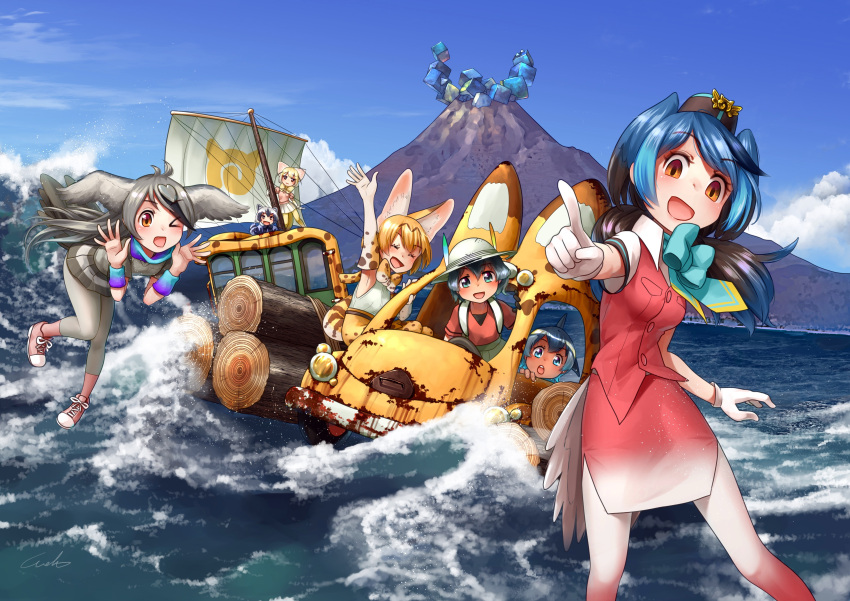 &gt;_o 6+girls :d :o ;d ^_^ absurdres animal_ears arm_up bird_tail black_hair blonde_hair blue_eyes blue_hair blue_neckwear blue_sky bow bowtie closed_eyes closed_eyes clouds commentary_request common_dolphin_(kemono_friends) common_raccoon_(kemono_friends) day elbow_gloves empty_eyes eyebrows_visible_through_hair fennec_(kemono_friends) fox_ears gloves gradient_legwear gradient_skirt grey_hair grey_legwear hat hat_feather head_wings highres japari_bus japari_symbol kaban_(kemono_friends) kemono_friends log long_hair looking_at_viewer low_twintails mountain multicolored_hair multiple_girls ocean one_eye_closed open_mouth orange_eyes outdoors pantyhose passenger_pigeon_(kemono_friends) pointing pointing_at_viewer print_gloves print_neckwear raccoon_ears red_shirt rock_pigeon_(kemono_friends) sail sandstar serval_(kemono_friends) serval_ears serval_print serval_tail shirt short_hair signature sky smile tail twintails volcano water waves welt_(kinsei_koutenkyoku) white_gloves white_hat wristband