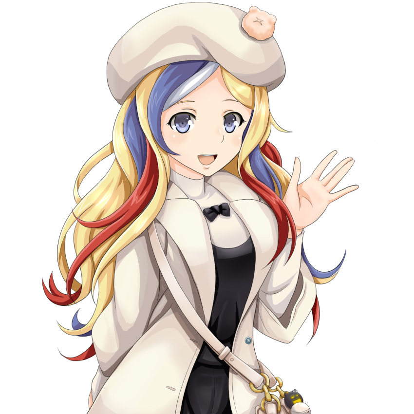 1girl bag beret blonde_hair blue_hair blush breasts commandant_teste_(kantai_collection) french_flag french_text hat highres kantai_collection large_breasts long_hair looking_at_viewer multicolored_hair open_mouth pom_pom_(clothes) redhead simple_background solo streaked_hair tk8d32 wavy_hair white_background white_coat white_hair