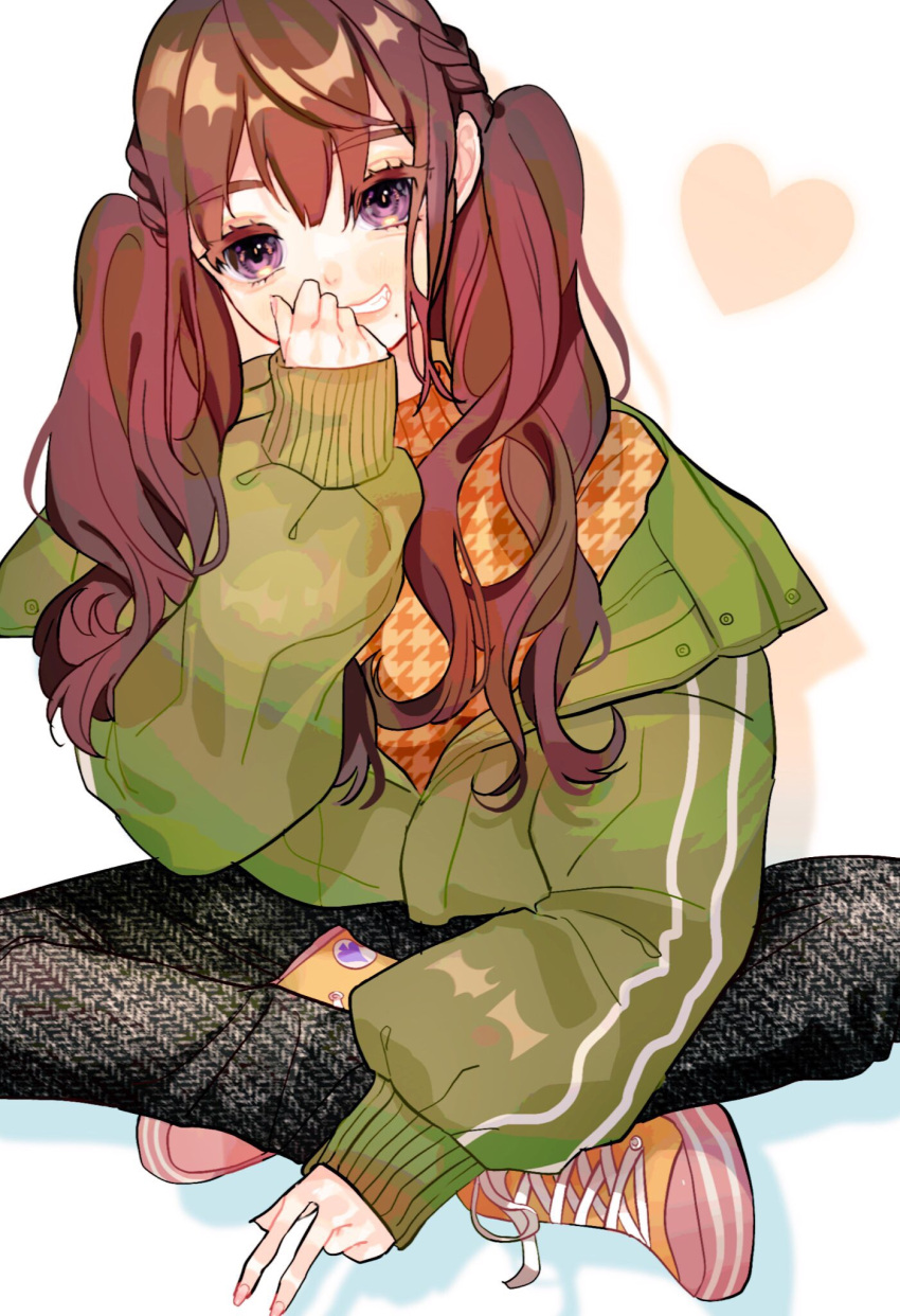 1girl bangs black_pants brown_hair eyebrows_visible_through_hair green_jacket hair_between_eyes hand_to_own_mouth heart highres indian_style jacket komachi_(pixiv) long_hair off_shoulder original pants parted_lips shadow shoes sitting smile solo spade_(shape) teeth twintails violet_eyes white_background