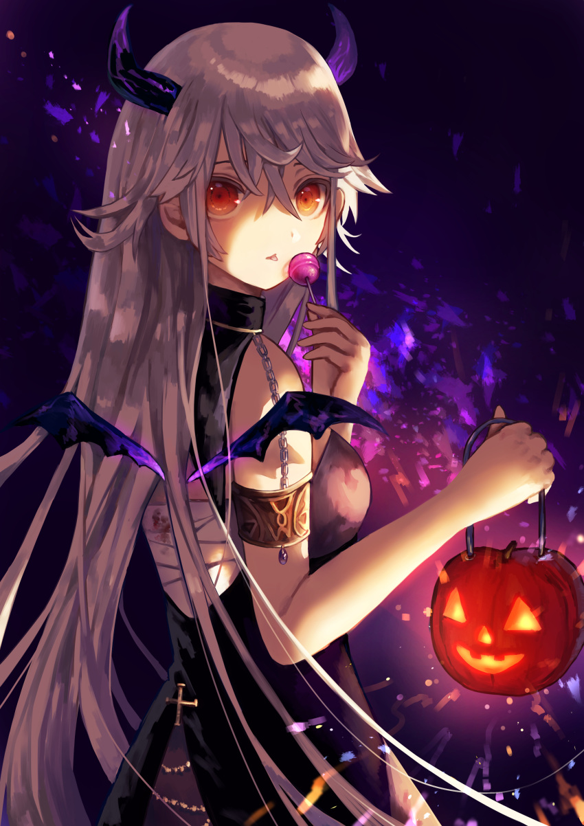 1girl absurdres armlet bandage cross floating_hair from_behind halloween highres holding holding_lollipop horns long_hair looking_at_viewer nomuraumu orange_eyes original pumpkin silver_hair sleeveless solo standing very_long_hair wings