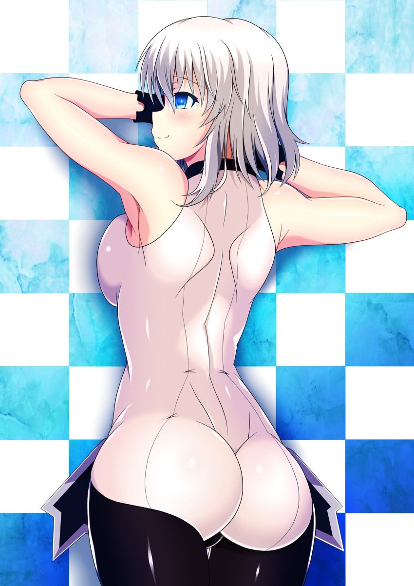 1girl absurdres ass blue_eyes blush bodysuit checkered checkered_floor gloves haruka_(pixiv) highres kantai_collection lying no_headwear on_stomach shinkaisei-kan short_hair shoulder_blades silver_hair skin_tight smile solo wo-class_aircraft_carrier